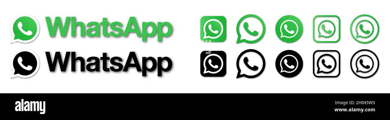 Vinnytsia, Ucraina - 7 ottobre 2021: Set di logo WhatsApp. Icona del pulsante dei social media più diffusi. Vettore editoriale isolato su sfondo bianco Illustrazione Vettoriale