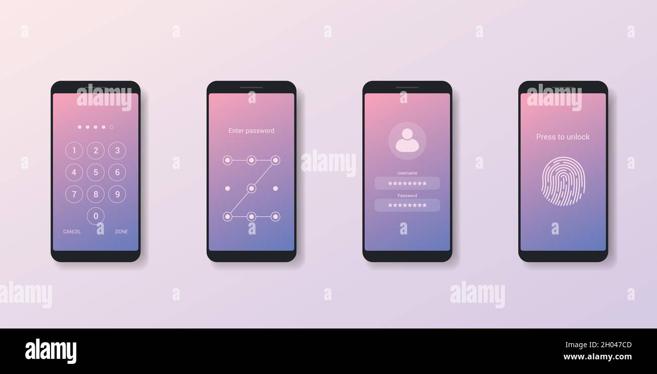 Set di schermate di sblocco e accesso su un telefono cellulare. Codice numerico, password e nome utente con impronta digitale - vettore Illustrazione Vettoriale