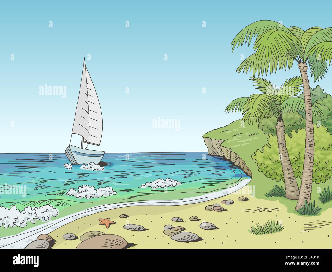 Sea Coast graphic yacht Sea Bay colore paesaggio disegno vettore Illustrazione Vettoriale