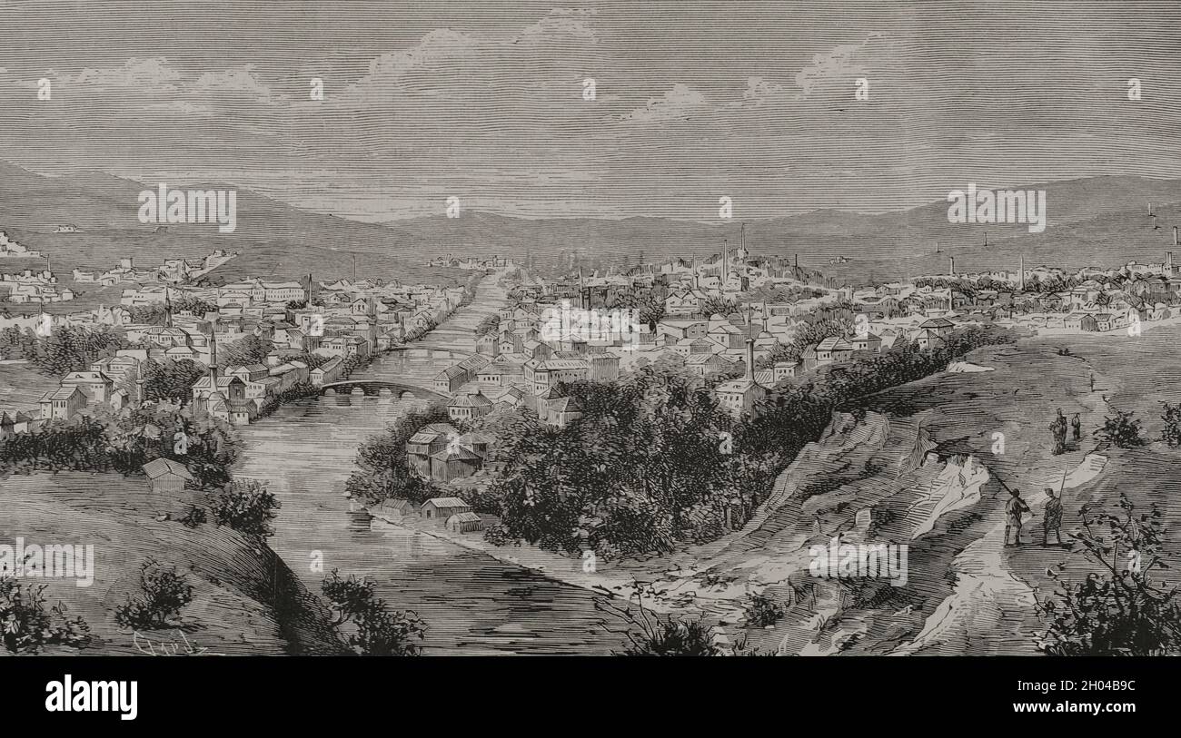 19 ° secolo. Bosnia, Sarajevo. Panoramica della città. Incisione di Capuz. La Ilustración Española y americana, 1878. Foto Stock
