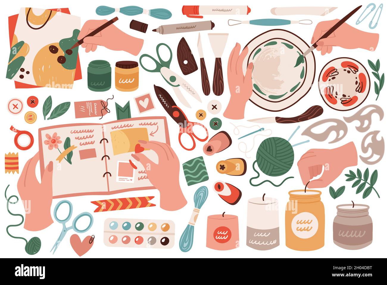 Hobby artigianale set illustrazione vettoriale. Cartoon mani umane che tengono scrapbook con amore cuore, matita e pennello per disegnare, su misura, maglieria e strumenti da cucire collezione artigianale isolato su bianco Illustrazione Vettoriale