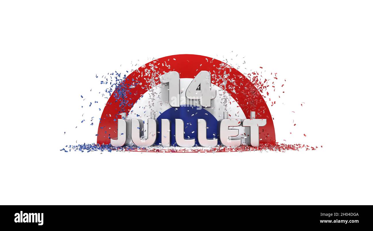 Illustrazione del rendering 3D per la giornata nazionale francese. 'Juillet' = 'Luglio' Foto Stock
