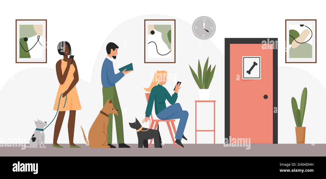 Ospedale veterinario e persone con animali malati, coda al receptionist in clinica interna vettore illustrazione. Servizio medico di veterinario cartoon per animali da compagnia, visita a veterinario background medico Illustrazione Vettoriale