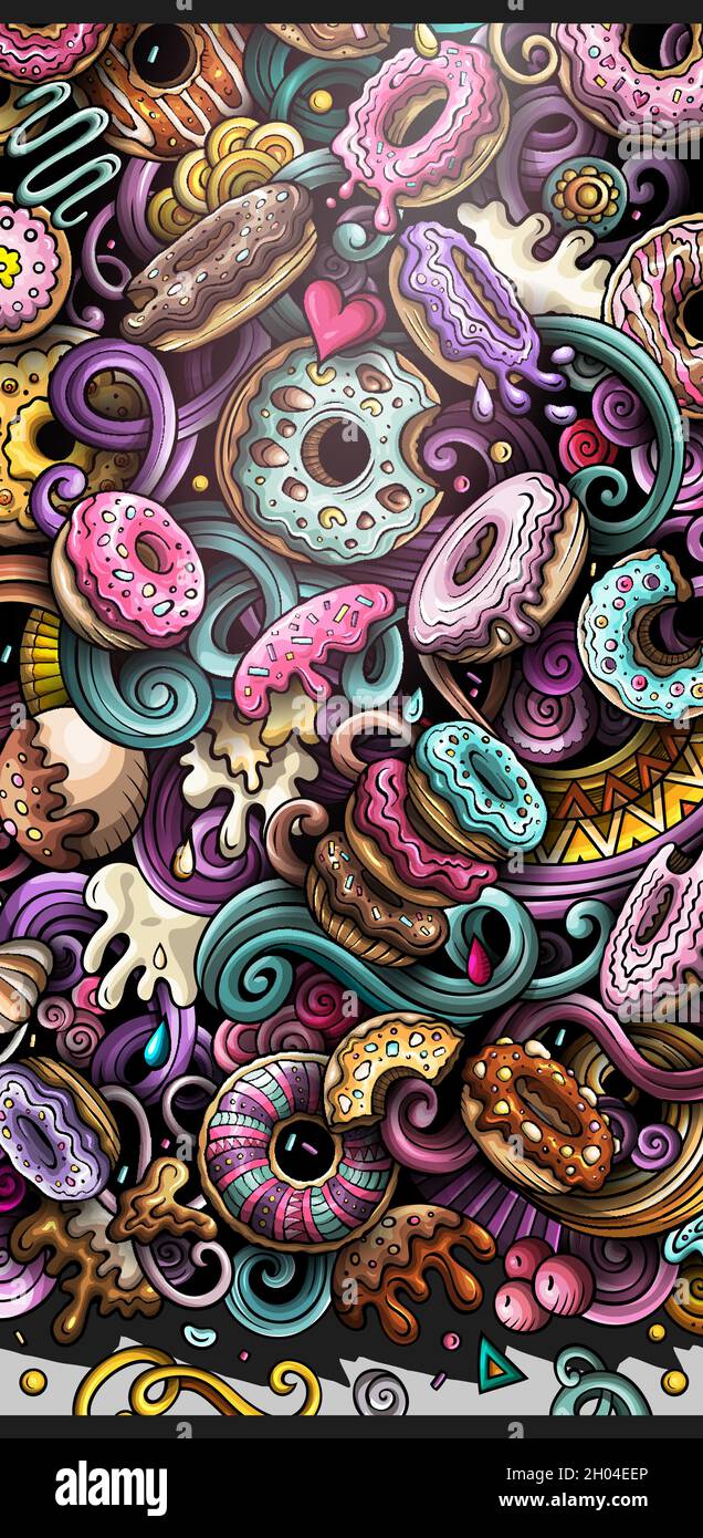 Ciambelle disegnate a mano doodle banner. Illustrazioni dettagliate su cartoni animati. Illustrazione Vettoriale