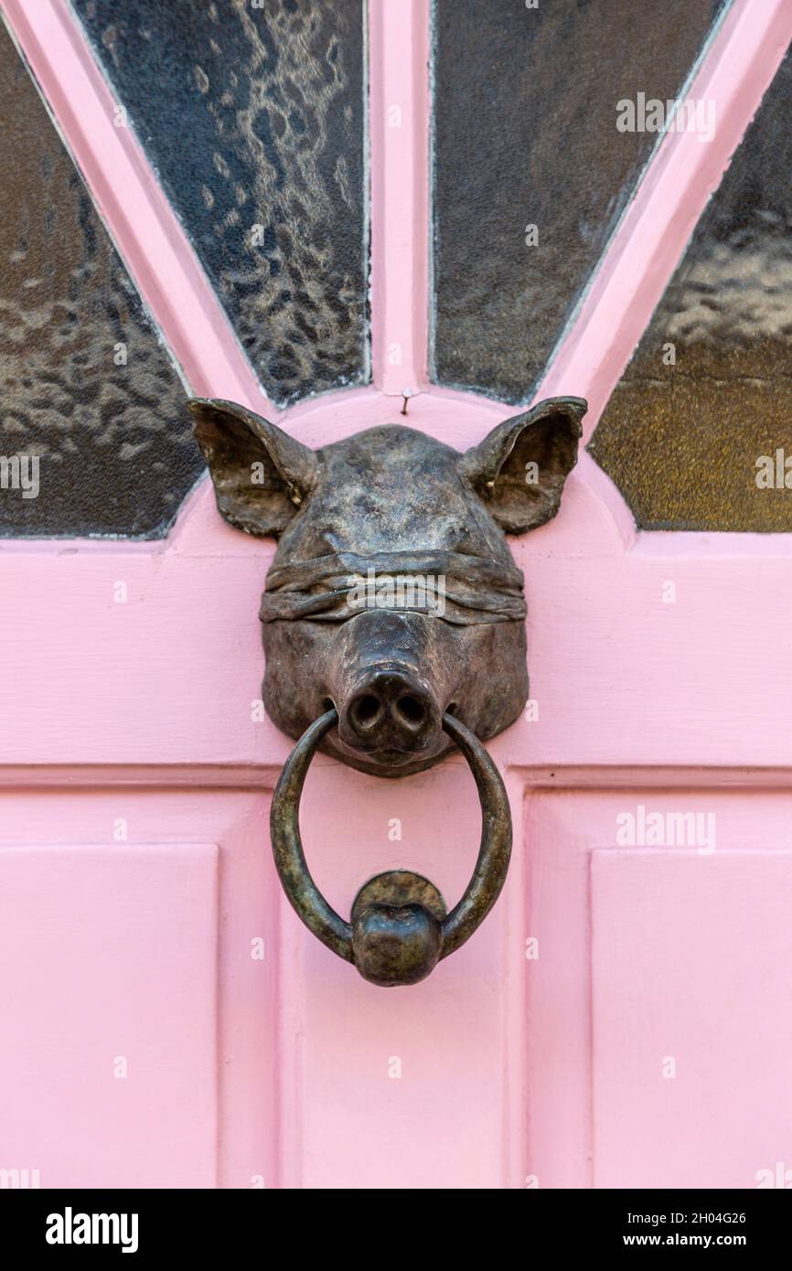 Bussare porta maiale su una porta rosa a Bathnal Green, East London, Regno Unito Foto Stock