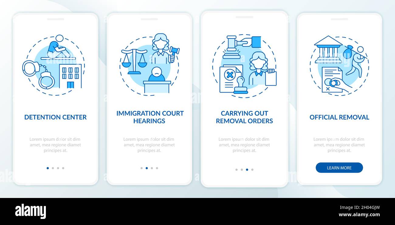 Schermata blu della pagina dell'app mobile onboarding del processo di deportazione Illustrazione Vettoriale