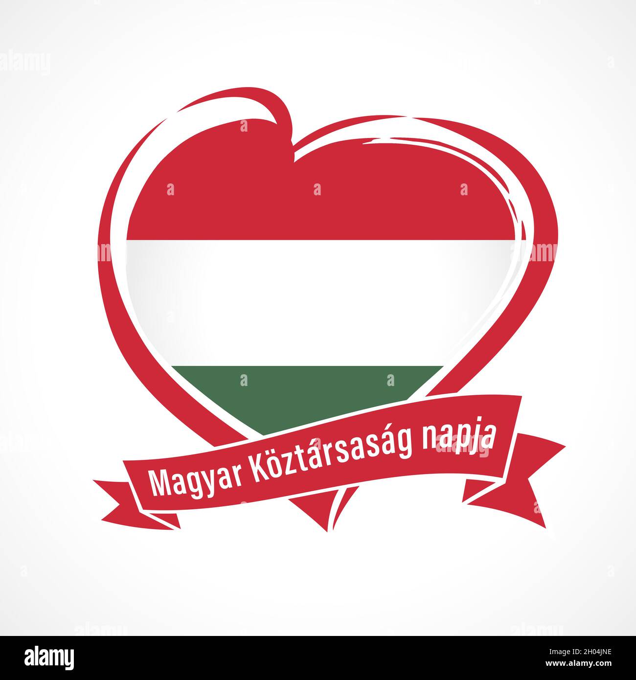Magyar Koztarsasag napja - testo sul nastro Giornata della Repubblica Ungherese. Vettore Ungheria bandiera a forma di cuore per Magyarorszag giorno di fondazione isolato su bianco Illustrazione Vettoriale