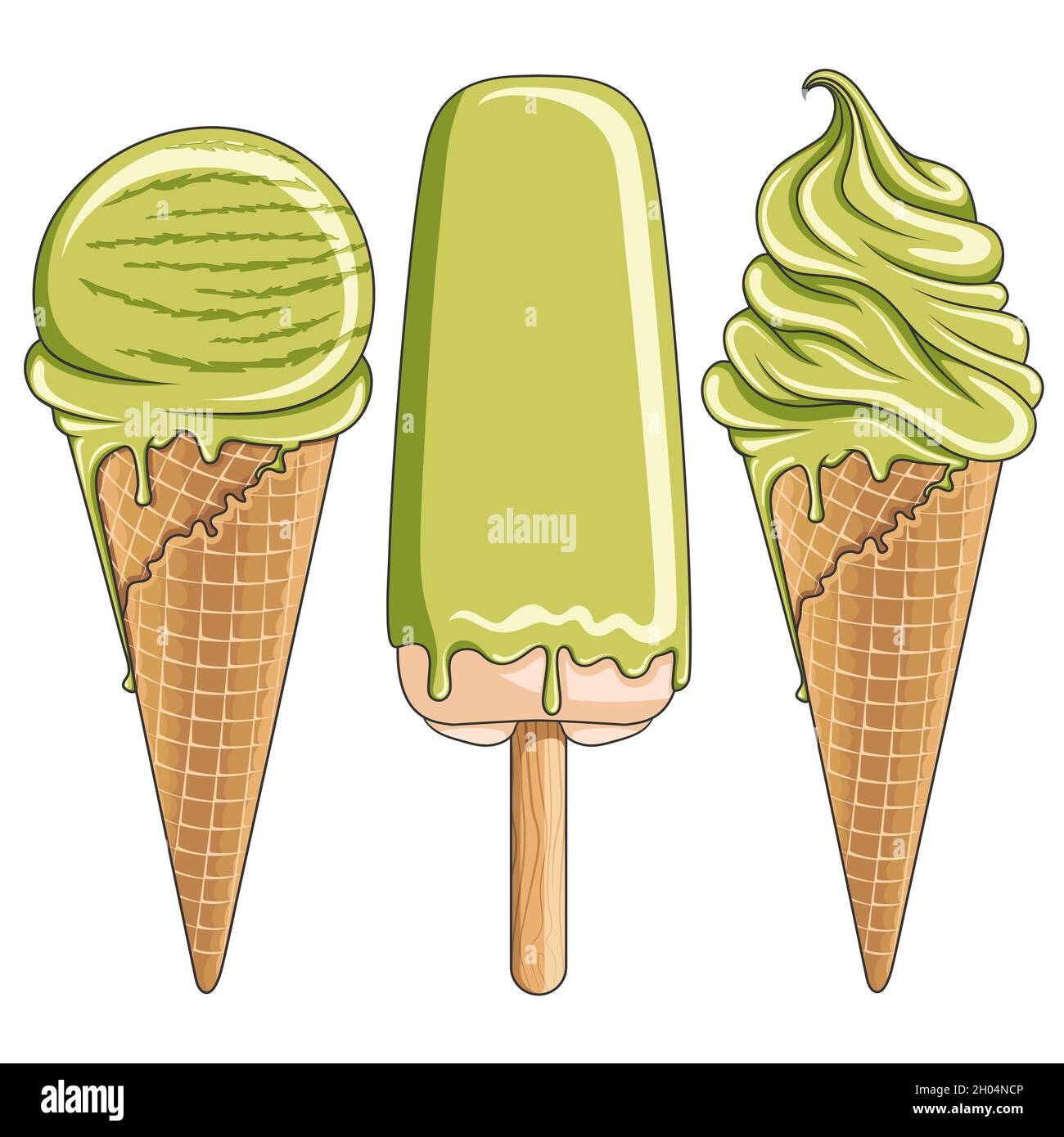 Set di illustrazioni a colori con gustoso gelato al pistacchio. Oggetti vettoriali isolati su sfondo bianco. Illustrazione Vettoriale