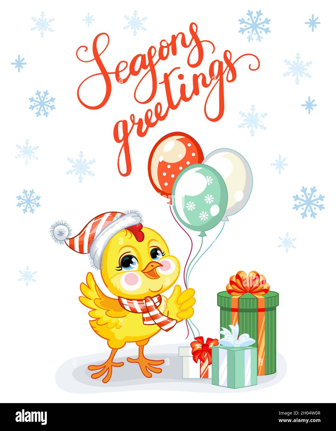 Biglietto verticale di natale con pollo carino con palloncini e regali, fiocchi di neve e scritte su sfondo bianco. Illustrazione vettoriale. Per la festa, pr Illustrazione Vettoriale