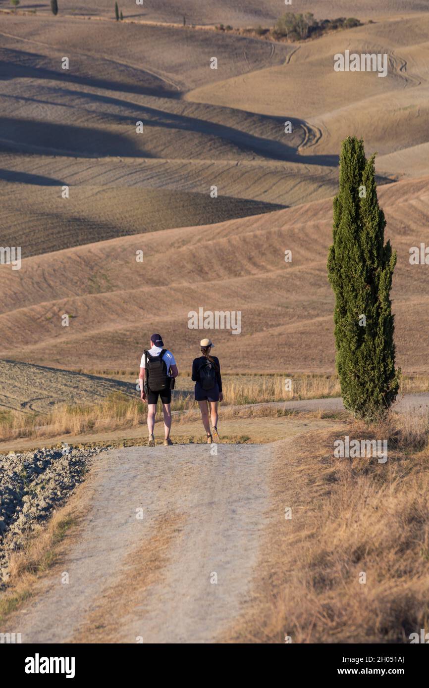 I visitatori camminano lungo il sentiero nella campagna di San Quirico d'Orcia, nei pressi di Pienza, Toscana, Italia in autunno, settembre Foto Stock