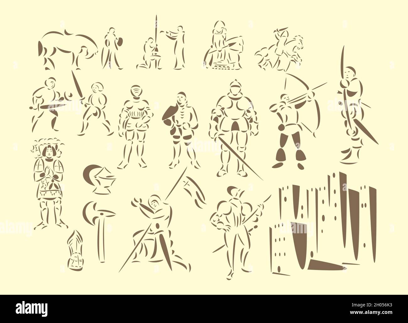 Illustrazioni vettoriali line-art di cavalieri medievali Illustrazione Vettoriale