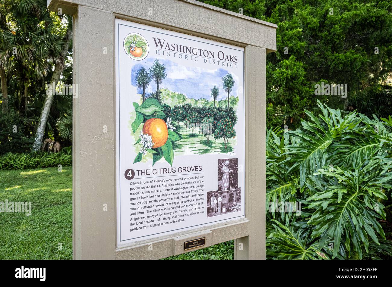 Segnaletica per l'area di Citrus Grove del Washington Oaks Historic District nel Washington Oaks Gardens state Park a Palm Coast, Florida. (USA) Foto Stock