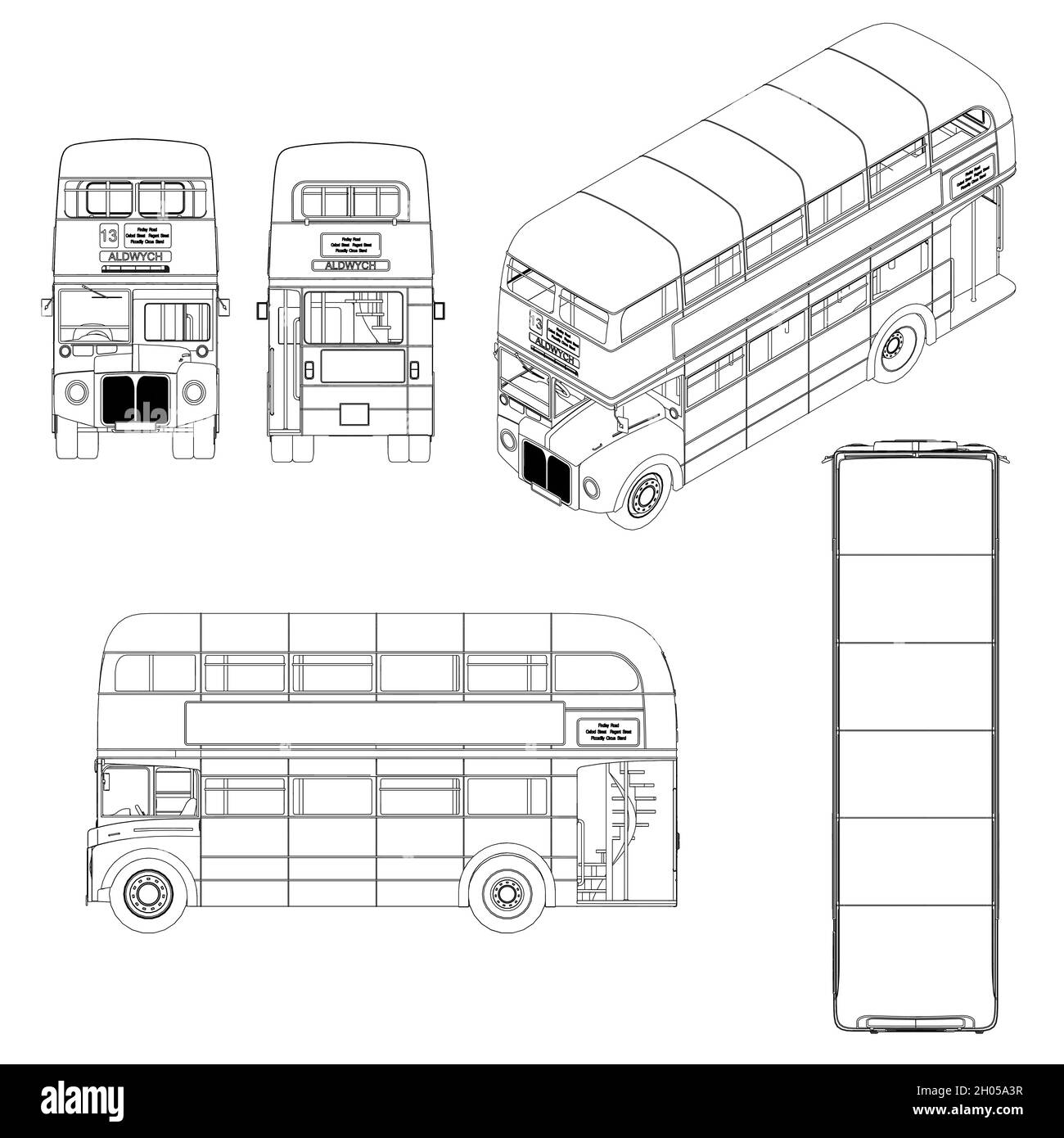 Impostato con i contorni di un autobus retrò inglese a due piani da linee nere isolate su sfondo bianco. Vista frontale, posteriore, laterale, superiore, isometrica. Ve Illustrazione Vettoriale
