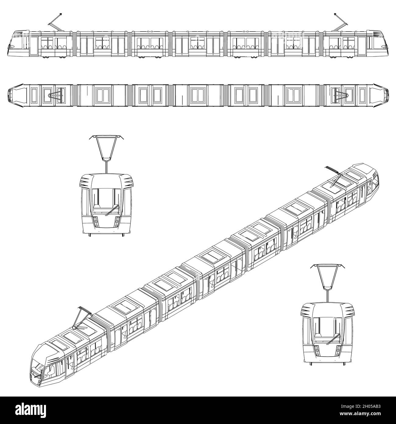 Impostato con i contorni di un treno passeggeri da linee nere isolate su sfondo bianco. Vista laterale, superiore, anteriore, isometrica. Illustrazione vettoriale. Illustrazione Vettoriale