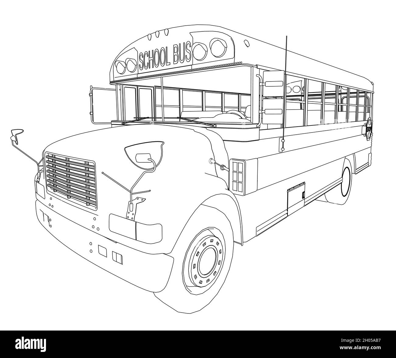 Linea di autobus della scuola da linee nere isolate su sfondo bianco. Vista prospettica. Illustrazione vettoriale. Illustrazione Vettoriale