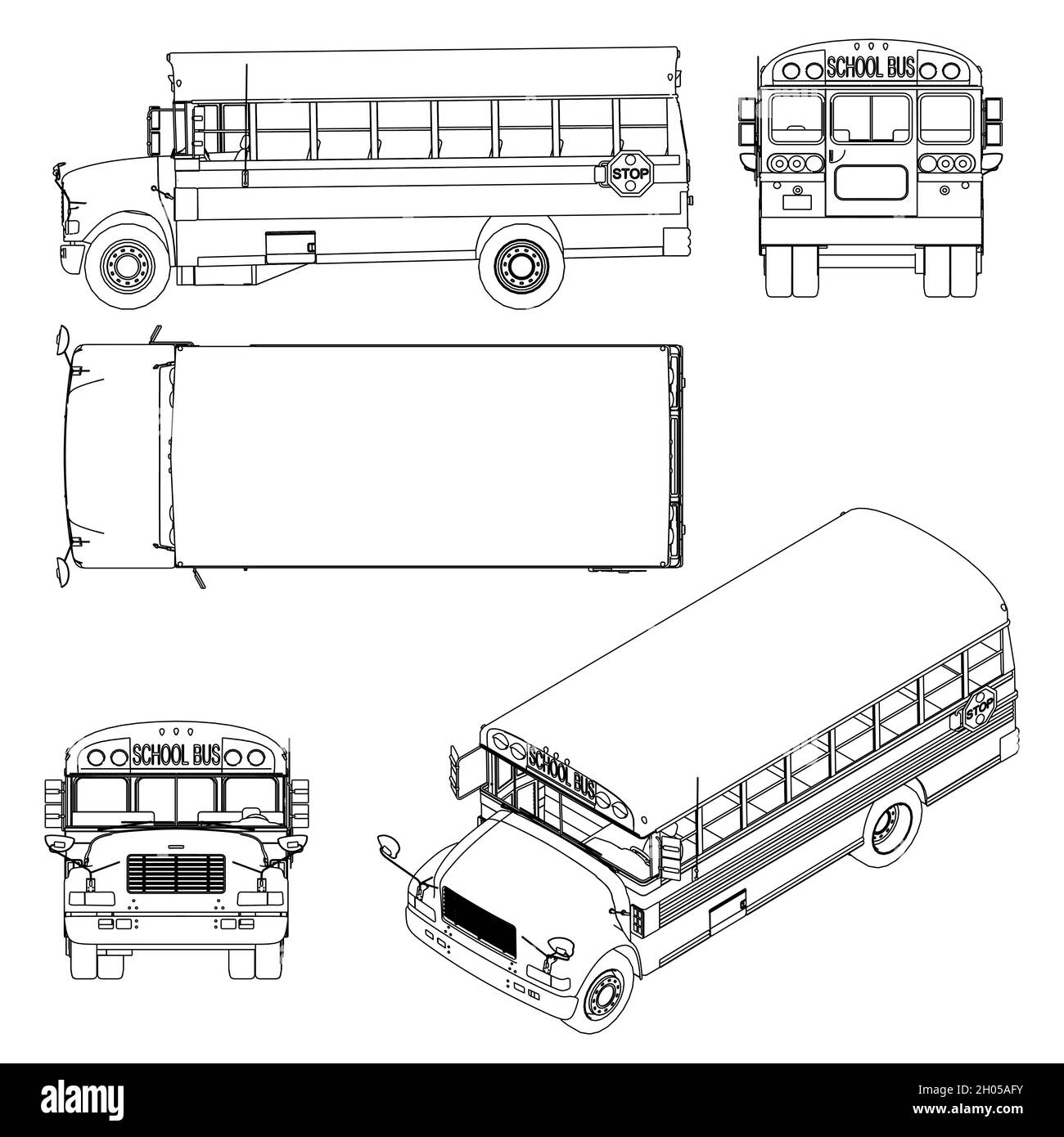 Impostato con i contorni del bus scolastico da linee nere isolate su sfondo bianco. Vista laterale, superiore, anteriore, posteriore, isometrica. Illustrazione vettoriale. Illustrazione Vettoriale