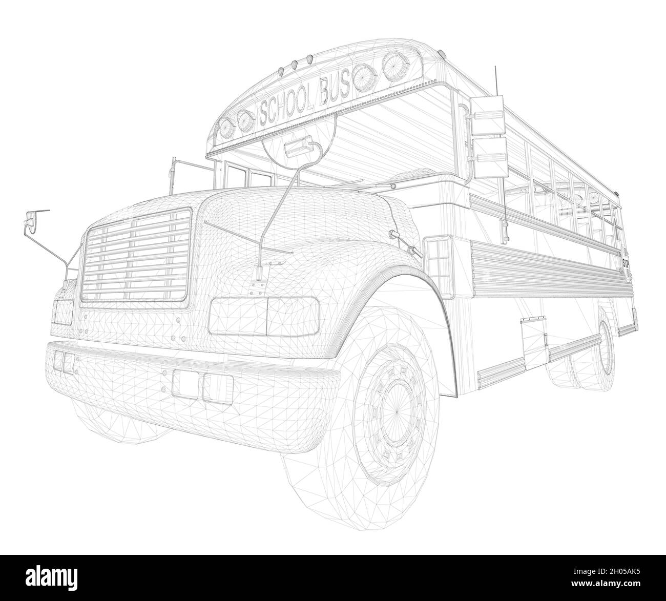 Bus scolastico wireframe da linee nere isolato su sfondo bianco. Vista prospettica. Illustrazione vettoriale. Illustrazione Vettoriale