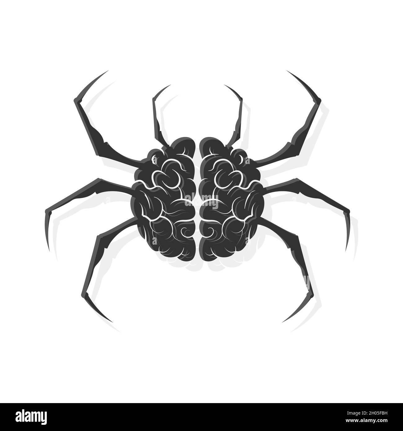 Cervello umano con gambe tipo ragno. Concetto di arachnofobia. Illustrazione in stile piatto. Isolato su sfondo bianco. Illustrazione Vettoriale