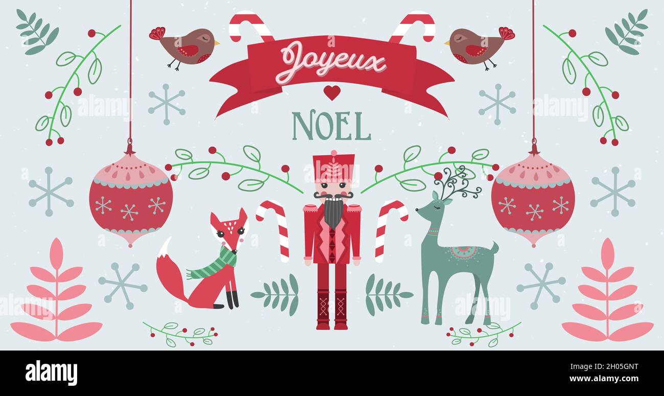 Immagine di Joyeux Noel parole con animali su sfondo decorazioni natalizie Foto Stock