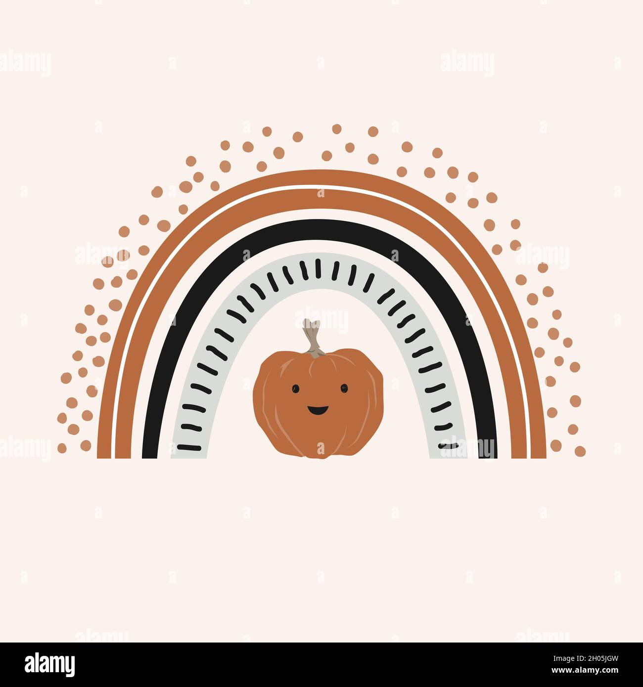 Arcobaleno colorato in autunno con una zucca carina. Buono per decorazione di Halloween o di Thanksgiving, poster, biglietto di auguri, banner, tessile, regalo, camicia o tazza Illustrazione Vettoriale