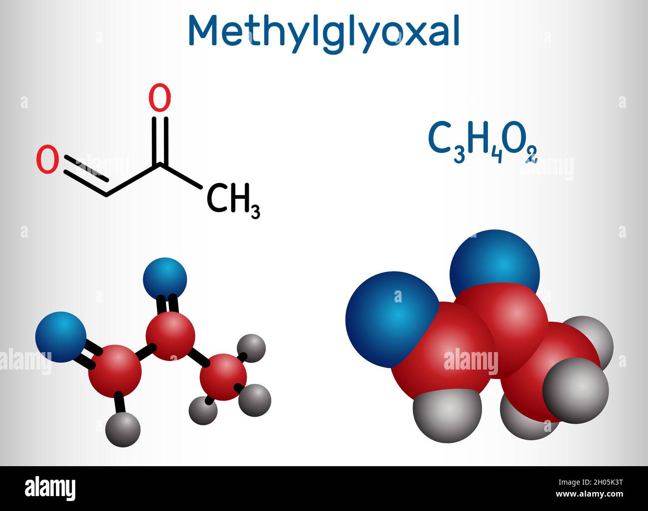 Metilgliossale, MGO, piruvaldeide, molecola di aldeide piruvica. Viene utilizzato come agente aromatizzante e nella concia. Formula chimica strutturale, molecola mod Illustrazione Vettoriale