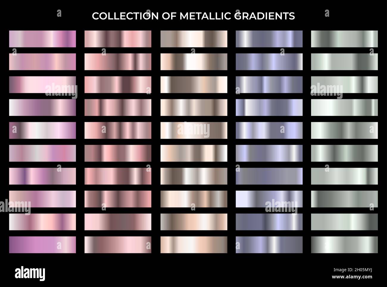 Gradiente metallico grande set. Collezione di fondo con gradazione di texture in metallo lucido. Illustrazione Vettoriale