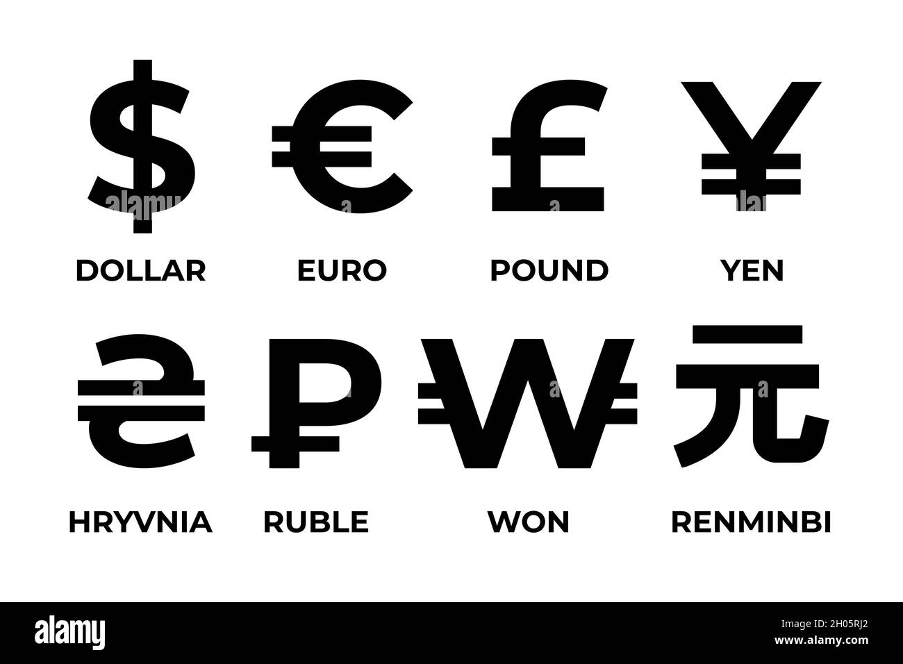 Simboli di valuta. Dollaro, euro, sterlina, yen, rublo Illustrazione Vettoriale