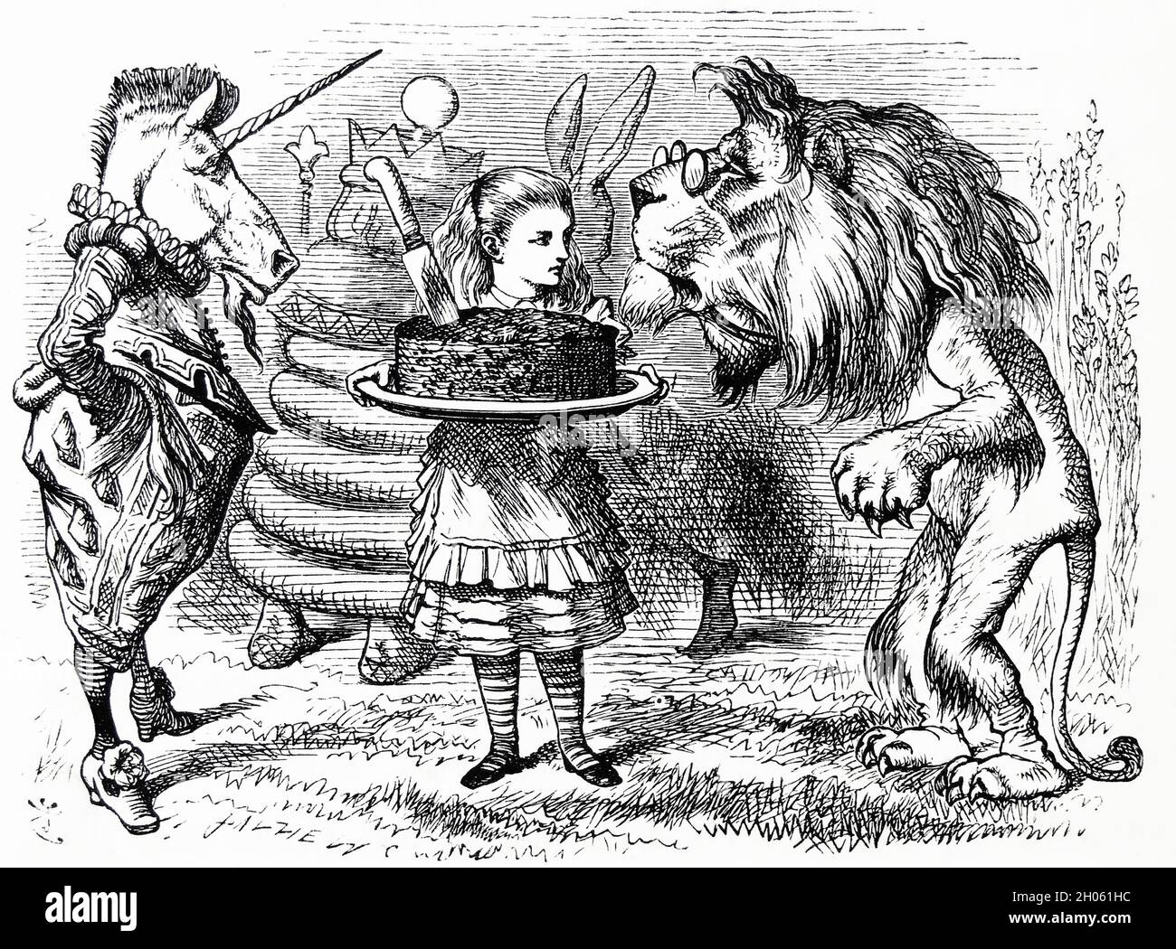 Vinatage Alice nel paese delle meraviglie illustrazione di John Tenniel dopo la storia di Lewis Carols attraverso il vetro che guarda Foto Stock
