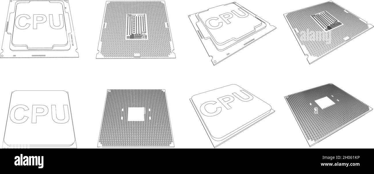 Illustrazione vettoriale dettagliata del chip semiconduttore cpu con contatti Illustrazione Vettoriale