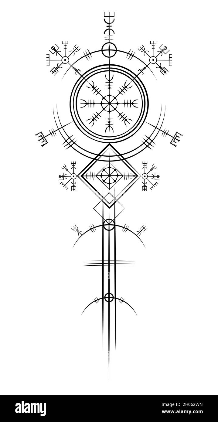Magia antica vichinga art deco, Vegvisir navigazione magica bussola antica. I Vichinghi usarono molti simboli secondo il segno mitologico di Norse Illustrazione Vettoriale
