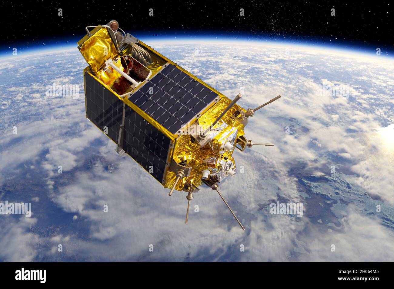 Moderno satellite spaziale scientifico ed educativo all'orbita terrestre.  sfondo del rendering 3d Foto stock - Alamy