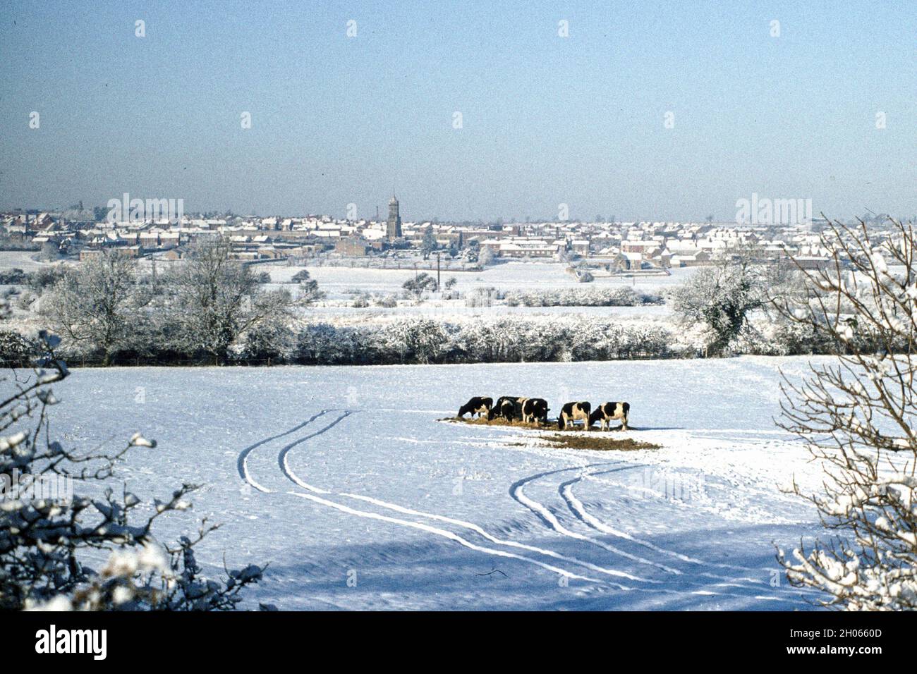 Guardando attraverso la valle di Nene a Irthlingborough, nella neve, 1981 dicembre Foto Stock