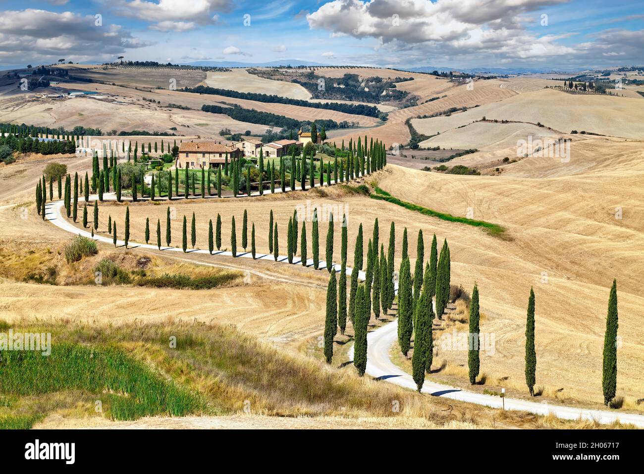 Paesaggio tipico della Val d'Orcia Toscana con cipressi a forma di S. Foto Stock