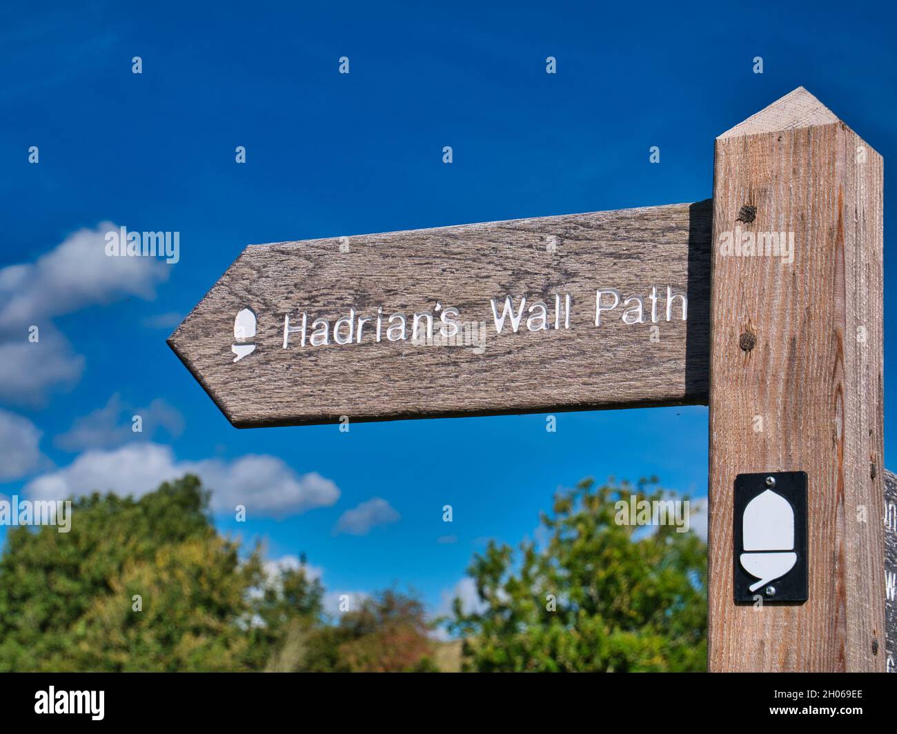 Un cartello in legno con intemperie indica la via del Vallo di Adriano, un National Trail nel Regno Unito. In una giornata di sole con un cielo blu. Foto Stock