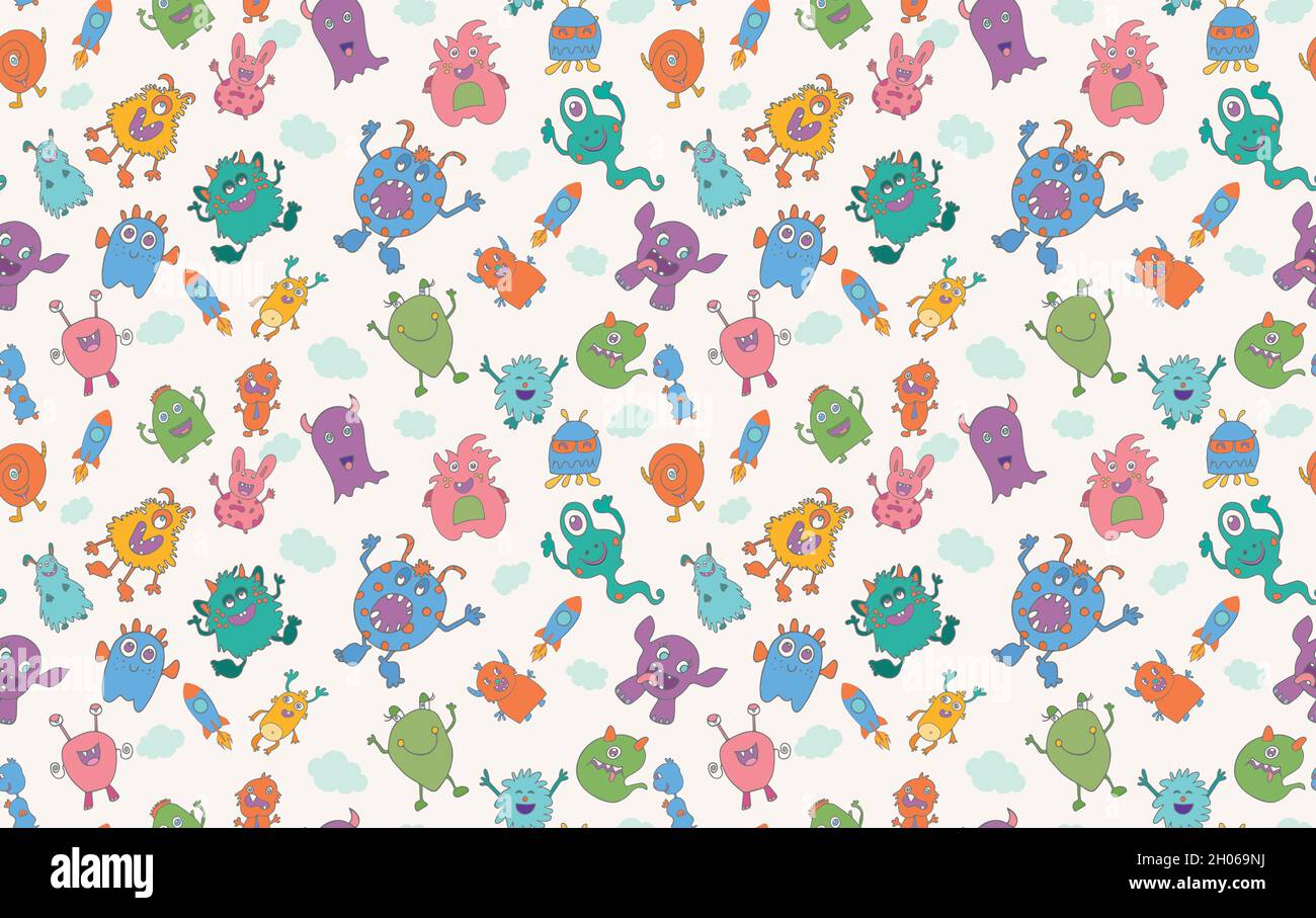 Carino personaggio cartoon bambino alieno. Pattern vettoriale senza giunture. Divertente bestia del bambino. Mostro bizzarro e divertente. Fantasy Creatures.Funny bestia colorata Illustrazione Vettoriale