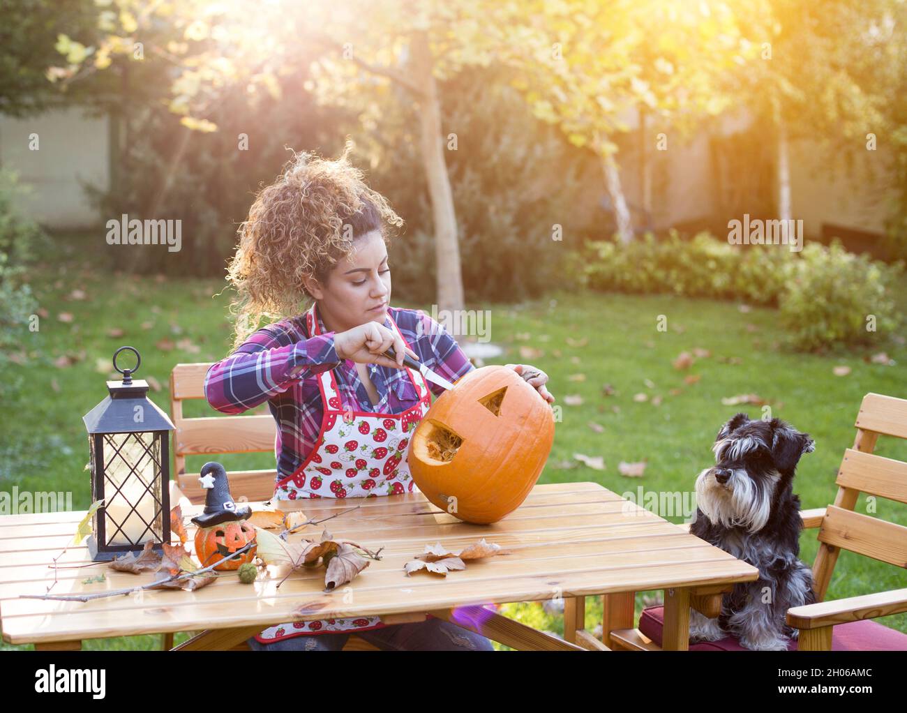 Bella giovane donna taglio zucca per Halloween in giardino, mentre il cane che fa la sua azienda Foto Stock