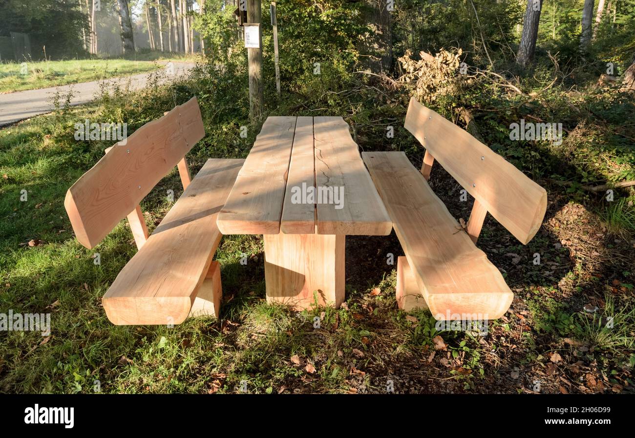 Panchine di legno e tavolo da picnic lungo un percorso escursionistico e percorso a Westerwald, Renania-Palatinato, Germania, Europa Foto Stock