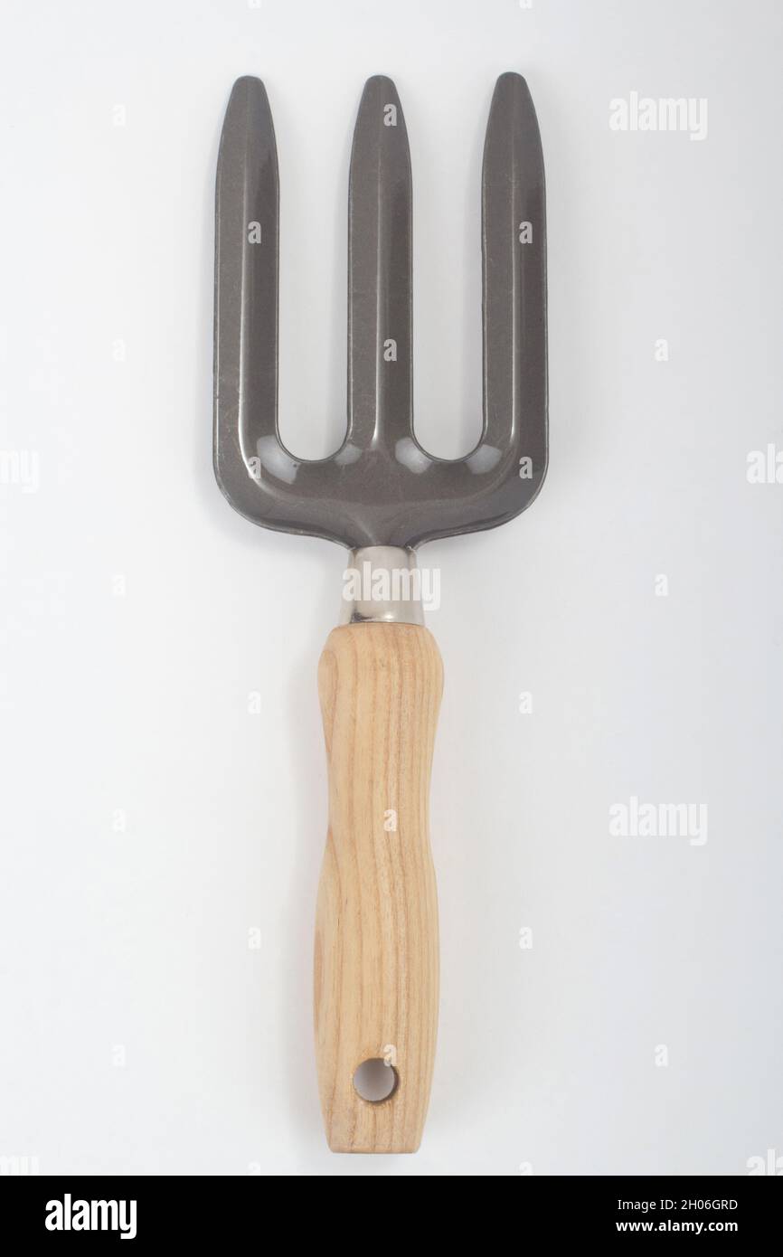Piccolo rastrello con manico in legno, utensile da giardinaggio isolato su sfondo bianco Foto Stock