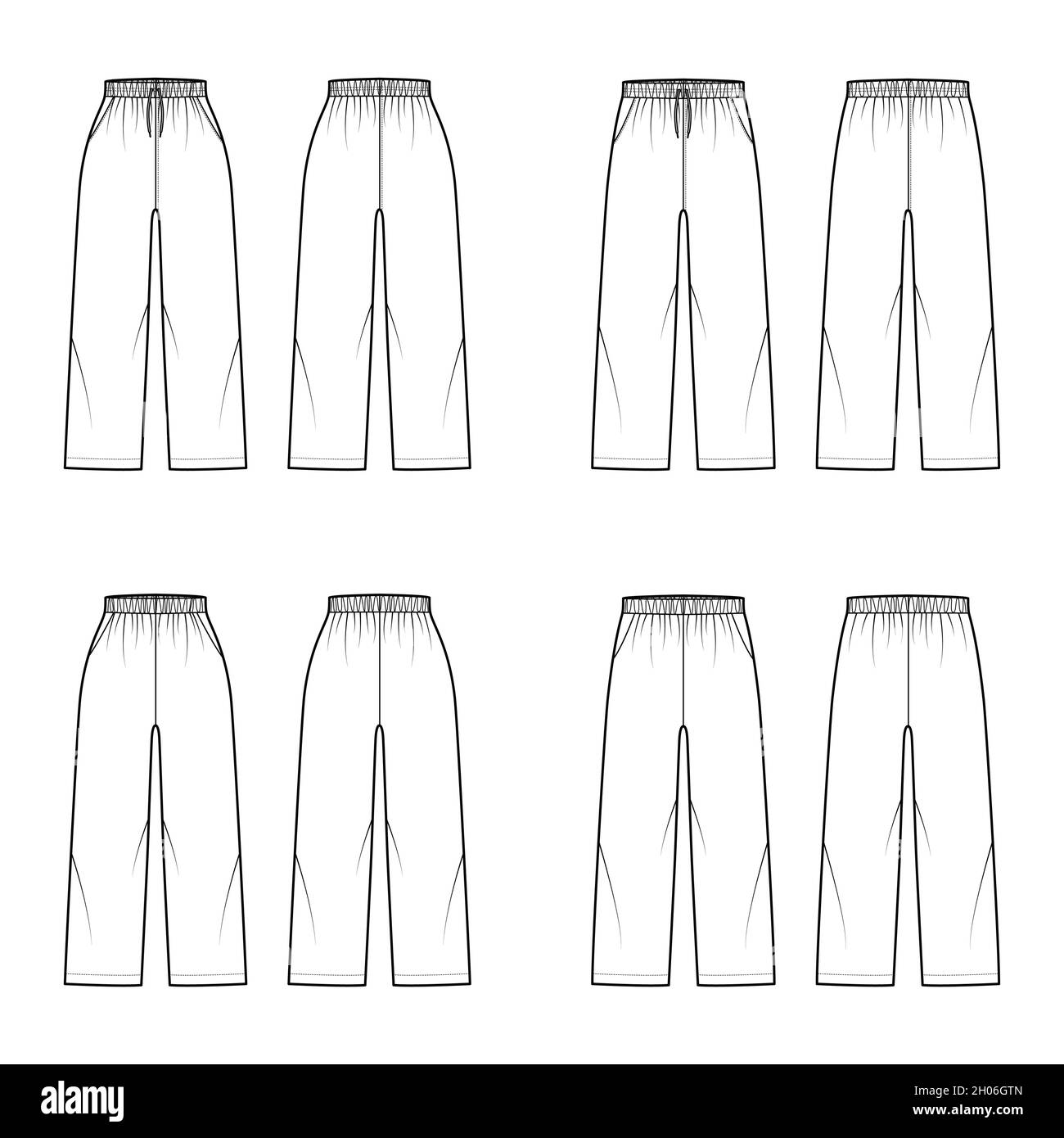 Set di pantaloncini da training sportivi Pants con elastico, lacci, tasche, caviglia. Modello di abbigliamento a fondo piatto anteriore, posteriore, colore bianco. Donne uomini unisex CAD Illustrazione Vettoriale