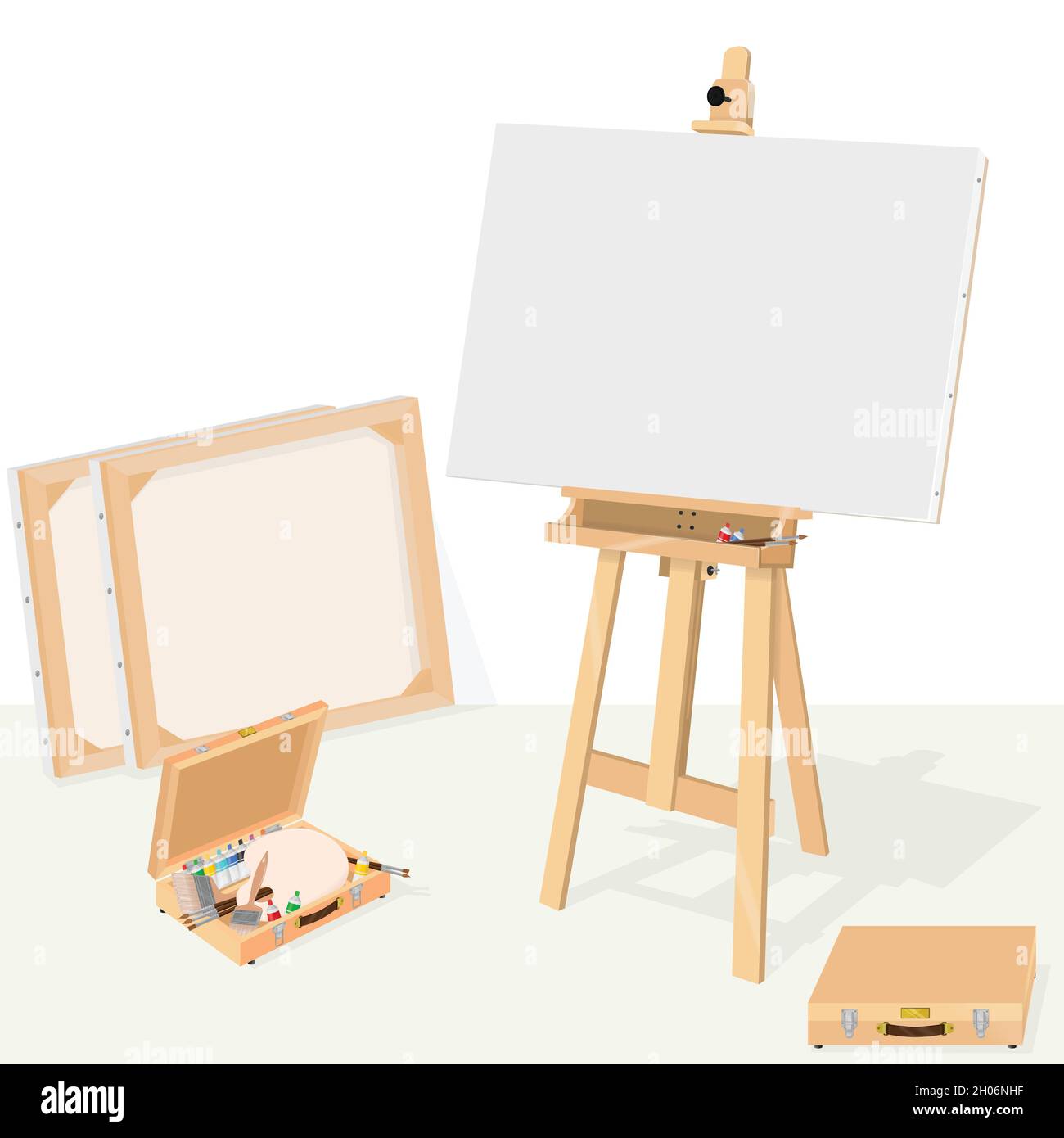Design vettoriale studio d'arte con cavalletto e kit di verniciatura Illustrazione Vettoriale