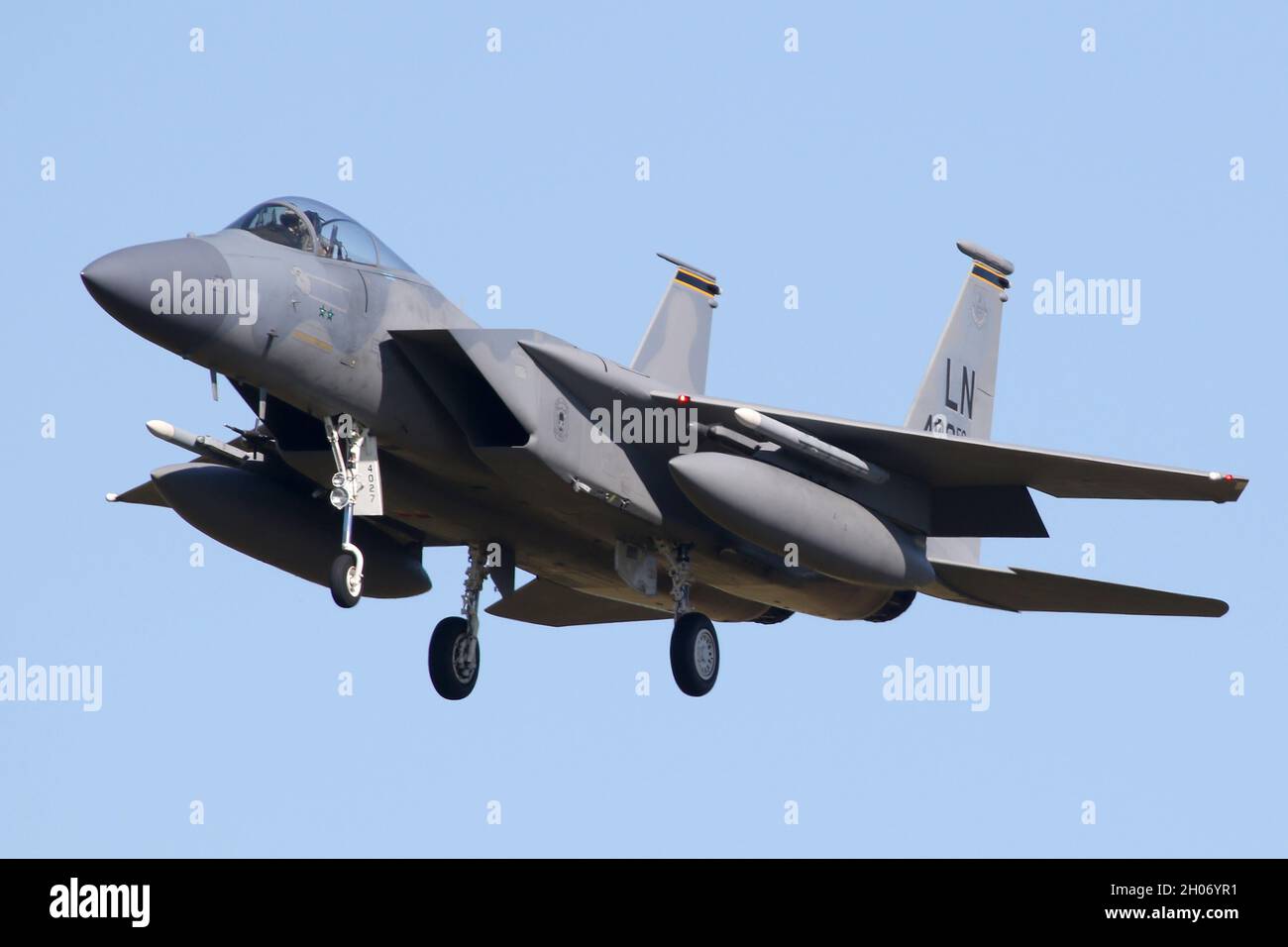 Squadron comanda gli aerei del 493rd Fighter Squadron atterrando a RAF Lakenheath, Suffolk, Regno Unito Foto Stock