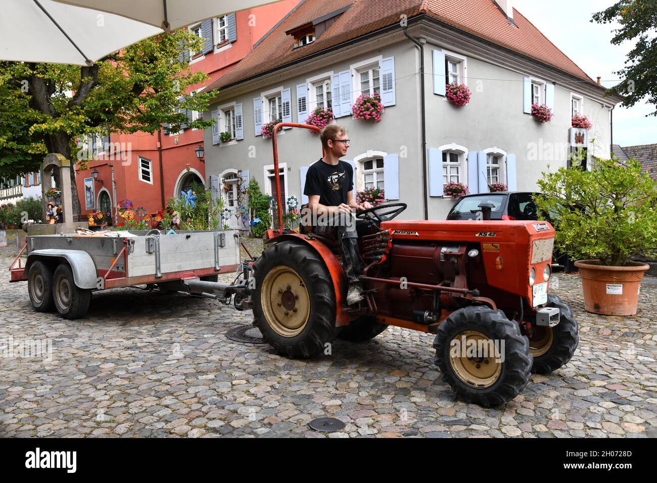 Giovane agricoltore tedesco che guida un piccolo trattore attraverso il villaggio di Burkheim Germania durante la vendemmia Foto Stock