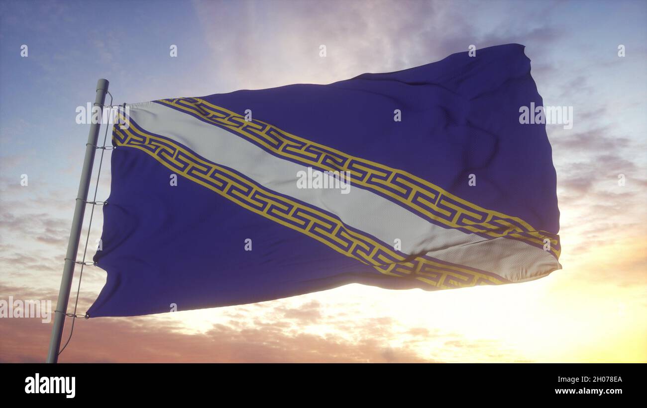 Champagne-Ardenne bandiera, Francia, ondeggiante nel vento, cielo e sfondo del sole. 3d rendering Foto Stock