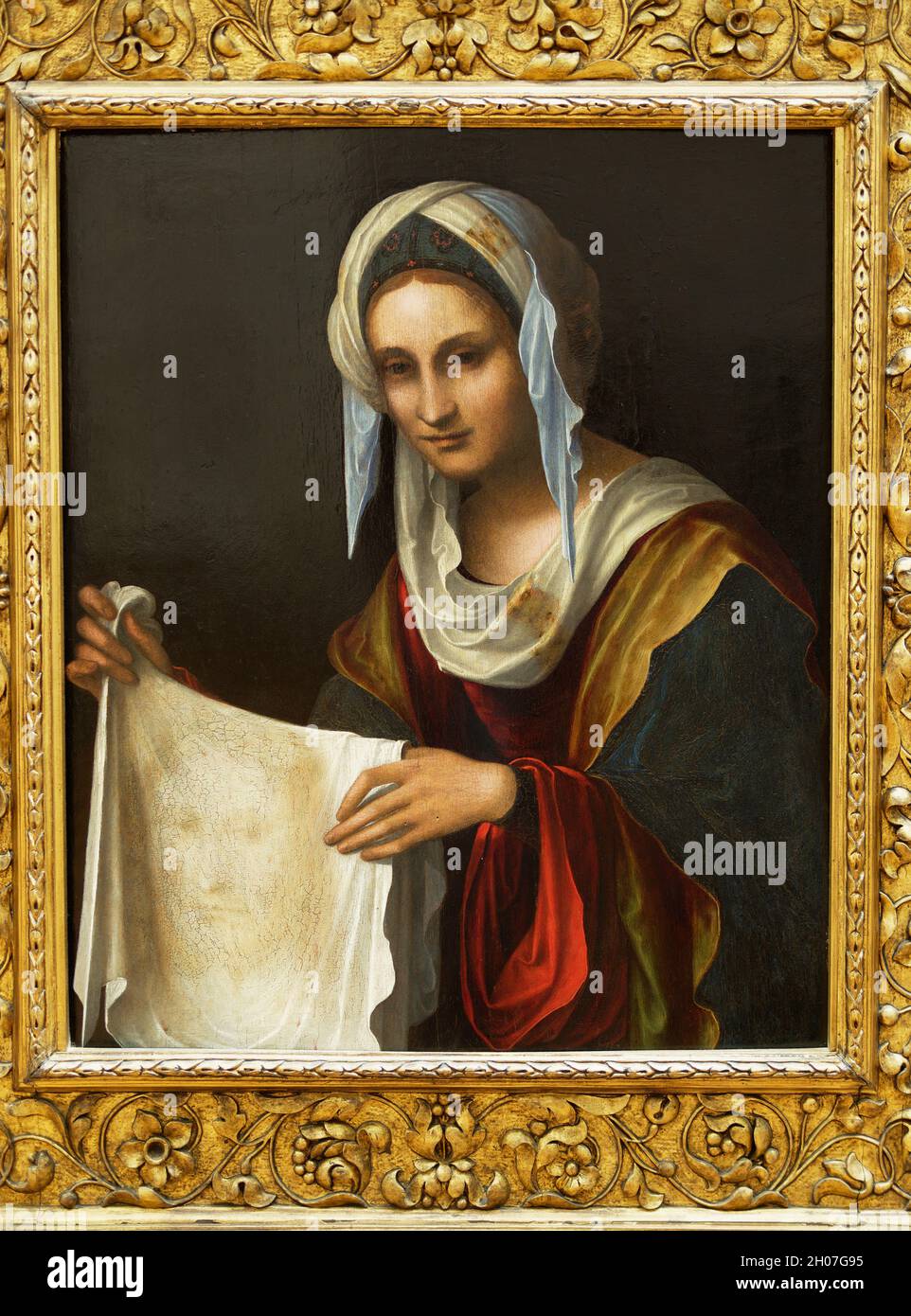 Sainte Véronique tenant un voile avec le visage de Jésus Cristo apparu per miracolo après lui avoir essuyé le front 1508 Foto Stock