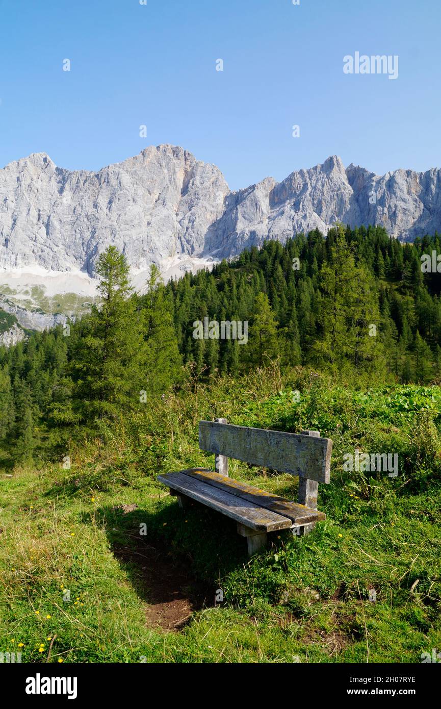 Una panca di legno a Neustatt Alm nelle Alpi austriache nella regione di Dachstein (Stiria in Austria) Foto Stock