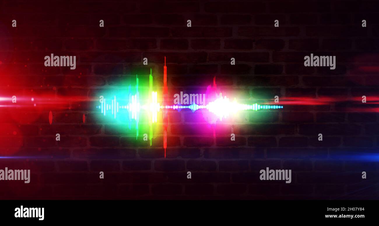 Spettro audio, segnale vocale al neon, segnale radio a onde sonore e disco. Illustrazione futuristica del rendering 3d. Foto Stock