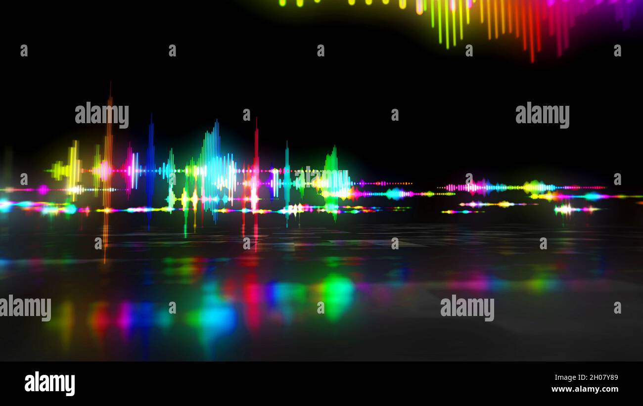 Spettro audio, segnale vocale al neon, segnale radio a onde sonore e disco. Illustrazione futuristica del rendering 3d. Foto Stock