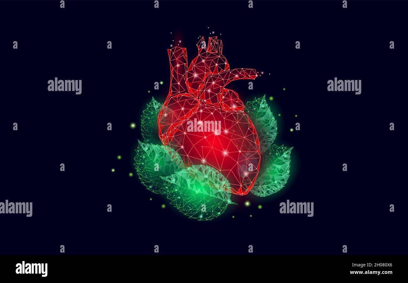 Cuore 3D in foglie verdi. Harmony feeling Happy Emotion psicologia concetto. Salute mentale anima terapista equilibrio mentale. Illustrazione di un vettore poly basso Illustrazione Vettoriale