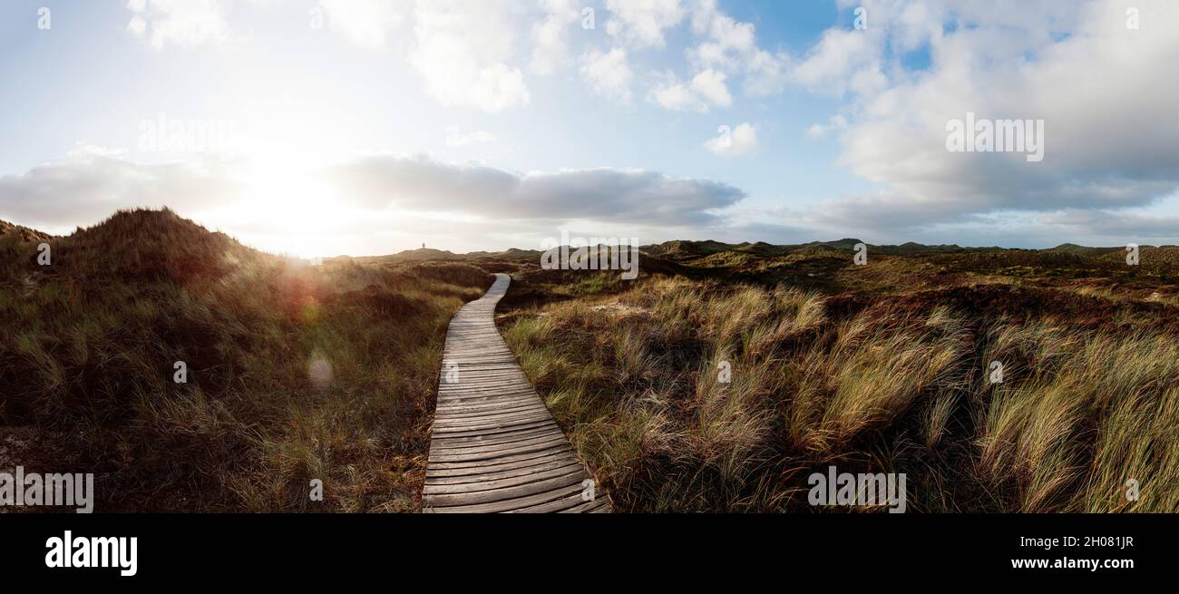 Foto orientata verticalmente del paesaggio erboso costiero. Passerella in legno che conduce all'edificio distante del faro. Estate sera prima del tramonto. Foto Stock