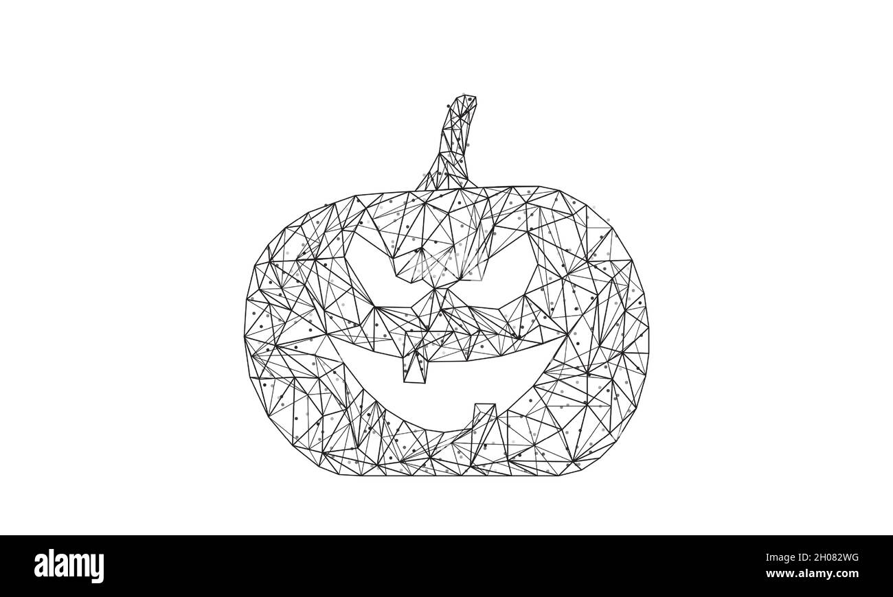 Zucca di Halloween con faccia spaventosa isolata su sfondo bianco. Concetto di Halloween a struttura a reticolo a basso contenuto di poli. Illustrazione digitale a basso vettore di poli. Illustrazione Vettoriale